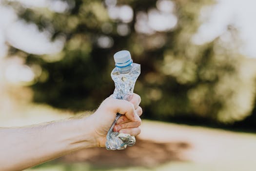 Close-up of a hand crushing a plastic bottle, symbolizing recycling and environmental consciousness outdoors.