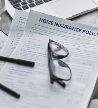 Close-up of home insurance policy document with glasses and laptop on a table.