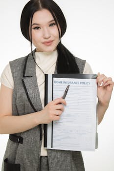 Young woman presenting a home insurance policy document while pointing with a pen.