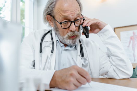 Elderly doctor in office on phone call with patient, writing notes.