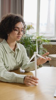 Focused young woman studying a wind turbine model indoors, highlighting renewable energy and education.