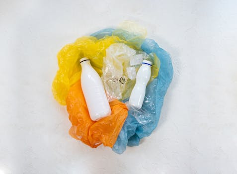 Plastic bottles surrounded by colorful plastic bags symbolizing recycling and pollution issues.